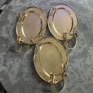Set Of 3 Vintage Brass Sconces With Large Reflective Plate 11” X 8” Made / India