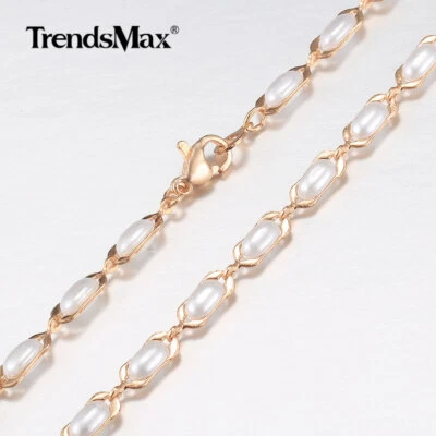 Collar de perlas blancas para mujer niña cadena de eslabones con clip relleno de oro rosa 585 Foto 1 de 4