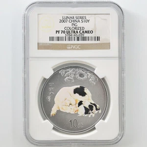 2007 China Lunar Year Pig 10CNYuan 1 oz Colorized Silver Proof Coin NGC PF 70 UC - Picture 1 of 4