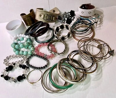 Lot Of 53 Bracelets Bangles Hinged Stretch Cuff  1 Lb 9.4oz Variety Glass Metal - Image 1 of 4