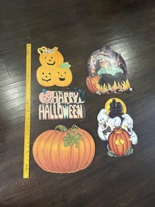 Vintage Die Cut Halloween Zucca Fantasmi e Witche Doppio Lato Decorazione Cartone - Foto 1 di 9