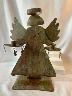 Welded Metal Angel Taper Candle Holder Rusty Primitive Green Patina 15” T x 10” - Image 1 of 4