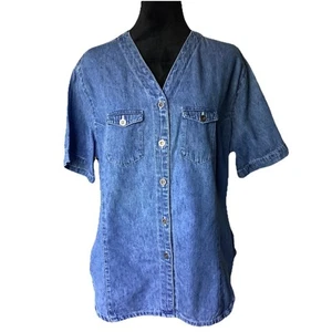 VTG Merona Women’s Denim Baseball Jersey Style Button Up Top Shirt Med Hip Hop - Picture 1 of 16