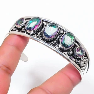 Mystic Topaz Gemstone 925 Sterling Silver Jewelry Cuff Bracelet Size 7-8" - Picture 1 of 1