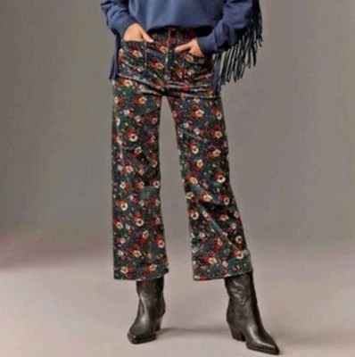 New 25 Maeve Anthropologie The Colette Corduroy crop wide-leg pants blue floral - Image 1 of 4