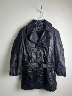 Sears Vintage Leather Trench Coat Belted Faux Fur Lined Size 40 - Image 1 of 4