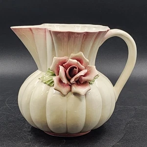 Capodimonte Porcelain Italian Pitcher Vase Hand Sculpted Pink Rose Marked 8.25" - Picture 1 of 14