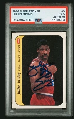 Signed 1986 Fleer Julius Erving Sticker PSA 5 Dual Grade 10 Auto DNA Autograph - Image 1 of 2