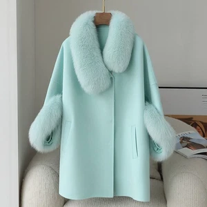 Abrigo chaquetas largas de lana con cuello de piel de zorro genuino 100 % lana cachemir de lujo para mujer - Imagen 1 de 27