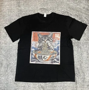 Camisa negra estampada Cat Eating Ramen SS para hombre talla GRANDE nueva - Imagen 1 de 5