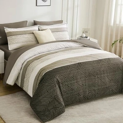  Juego de edredón tamaño 7 piezas cama en bolsa cálido otoño a rayas ropa de cama queen marrón Foto 1 de 4