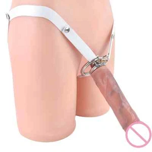 Chastity Cage With Harness Belt Realistic Dildo Metal Locks Penis Ring Sex Toys - Picture 1 of 42