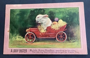 Bunny Rabbit Driver Antique Car with Eggs Antique Easter Fantasy Postcard 1919 - Picture 1 of 3