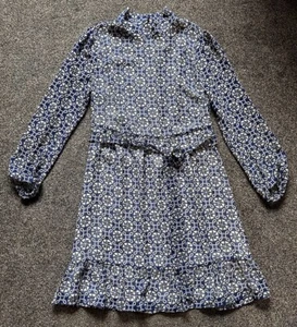 Boden Lottie Dress Womens UK 8 P Blue Cream Belted Lined Knee Length - Picture 1 of 12