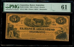 ARGENTINA Rosario Banco Argentino 5 Pesos 1-9-1866 PMG UNC 61 ex-Bauman P-S1526r - Picture 1 of 3