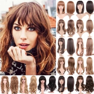 Long Full Wig With Bangs Women Wavy Straight Natural Synthetic Cosplay Wig Brown - Picture 1 of 49