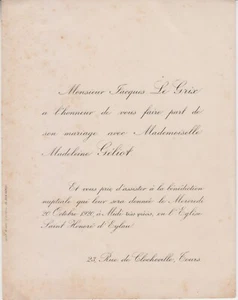 1920 Faire-part mariage Jacques LE GRIX & Madeleine GÉLIOT - Paris. - Picture 1 of 3