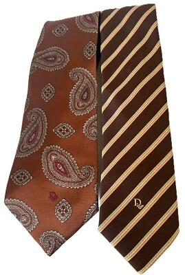 Par de corbatas vintage Christian Dior para hombre rayas marrones y cachemira Foto 1 de 4