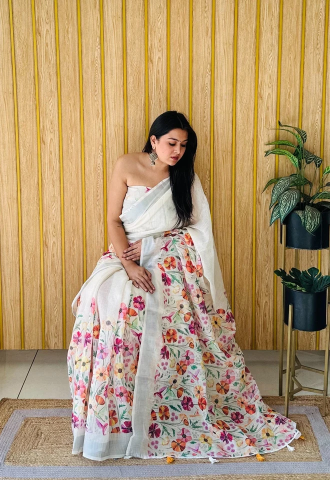 Impresionante look suave lino algodón sari con blusa para uso tradicional Foto 1 de 1