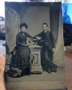 Nice! Antique Half Plate Tintype Photo Well Dressed Couple. 6.5" x 4.5" VG Cond! - Picture 1 of 5