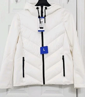 ¡NUEVO! Chaqueta acolchada con capucha y cremallera DKNY para mujer paneles laterales - blanca talla L  Foto 1 de 4