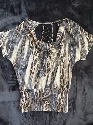 Vintage Y2K Heart Soul Metallic Leopard Print Top Cowl Neck Sequin Mesh Back - Image 1 of 4
