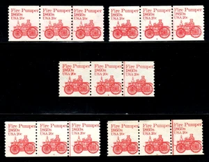Stamp USA 20¢ Fire Pumper 1860s plate #3, 5, 8, 10, 13 coil strips of 3 SC#1908 - Picture 1 of 6