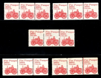 Stamp USA 20¢ Fire Pumper 1860s plate #3, 5, 8, 10, 13 coil strips of 3 SC#1908 - Image 1 of 4