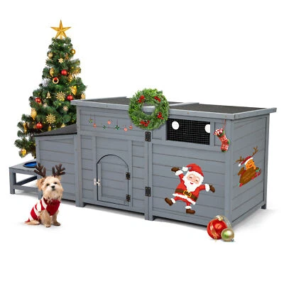 Wood Dog House Outdoor Weatherproof Dog Kennel for Large Sized Dog w/Food Bowls - Image 1 of 4