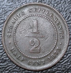 1873 STRAITS SETTLEMENTS (Malaysia) 1/2 CENT - COPPER - Victoria - RARE - Picture 1 of 5