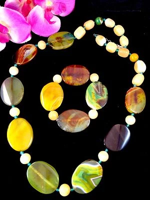 IMPRESIONANTE CONJUNTO DE PULSERA ELÁSTICA COLLAR PIEDRA JASPE ÁGATA PULIDA OVALADA Foto 1 de 4