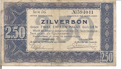 NETHERLANDS, 2 1/2 GULDEN, ZILVERBON, 1938 - Image 1 of 2