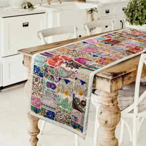 Indian Cotton Patchwork Table Runner Embroidered Dining White Table Tapestry - Picture 1 of 4