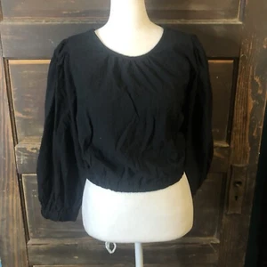 A New Day Womens Black Cropped Balloon Sleeve Blouse Top Cotton Modal Size L - Picture 1 of 9