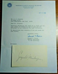 Secretary of Defense Caspar Weinberger Autograph - Signed Card W/letter 1973 - Picture 1 of 2