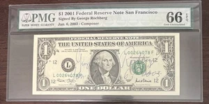2001 $1 PMG 66 Signed By GEORGE ROCHBERG, Jan 6, 2003 Composer - Picture 1 of 5