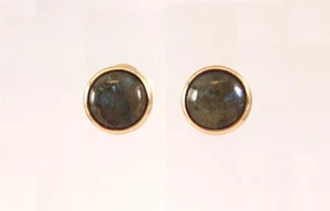 Large Pair 14K Yellow Gold TAMBETTI Designer Labradorite Cabochon Stud Earrings - Picture 1 of 8