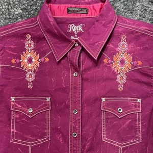 Rock 47 By Wrangler Womens Sz L Western Shirt Snap Pink  Embroidered Rodeo - Picture 1 of 11