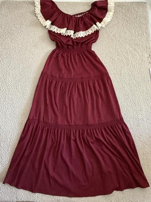 Maxi Vestido Vintage Años 70 12 Borgoña Volantes Encaje Ribete Campesino Cabaña Foto 1 de 4