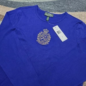 Lauren Ralph Lauren LRL Royal Blue Long Sleeve Crest Logo Tee Shirt Top L NWT - Picture 1 of 10
