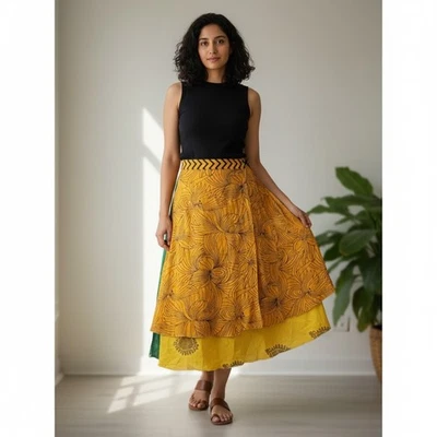 Mujer Reversible Larga Envolvente Falda Amarilla Estampado Floral Verano Playa Cubrir Foto 1 de 3