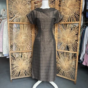 Vintage 1950s Wiggle Dress Cowl Neck  M / Fitted Brown & Gold Cocktail Dress - Picture 1 of 10