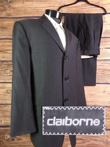 Claiborne Two Piece Suit Gray Striped Wool 3 Button Men's 43R Pants 35x29.5 - Picture 1 of 14