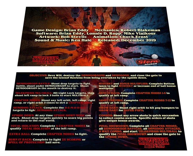 Tarjetas de instrucciones de delantal personalizado de pinball Stern Stranger Things Foto 1 de 1