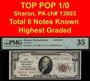 1929 $10 National Bank Sharon, Pennsylvania CH# 13803 PMG 35 top pop 1/0 finest - Picture 1 of 4