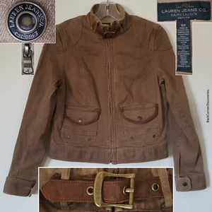 Lauren Jeans Co. Ralph Lauren Tan PETITE 10P Denim Jacket. Leather Throat Belt - Picture 1 of 20