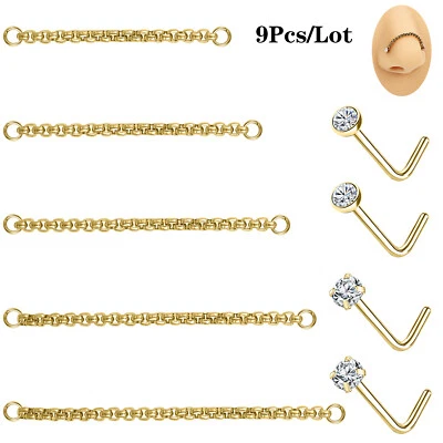 9Pcs/лот из нержавеющей стали нос гвоздики с цепочками кристалл ноздри пирсинг ювелирных изделий - Изображение 1 из 4