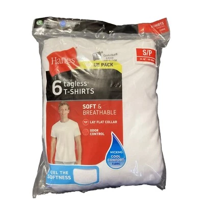 Paquete de 6 camisetas Hanes manga corta sin etiquetas para hombre S 34-38 cuello redondo blancas Foto 1 de 4