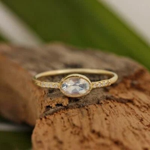 Zargenfassung Regenbogen Mondstein Verlobungsring Pave Diamant 14k Gelbgold Schmuck - Bild 1 von 2