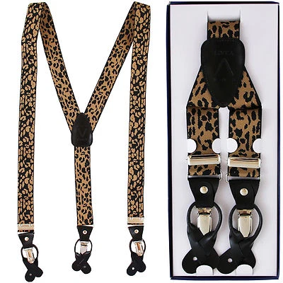 Nuevo en Caja Hombre Tirantes Leopardo Marrón Negro Elástico Brackets Clips Botones Foto 1 de 3